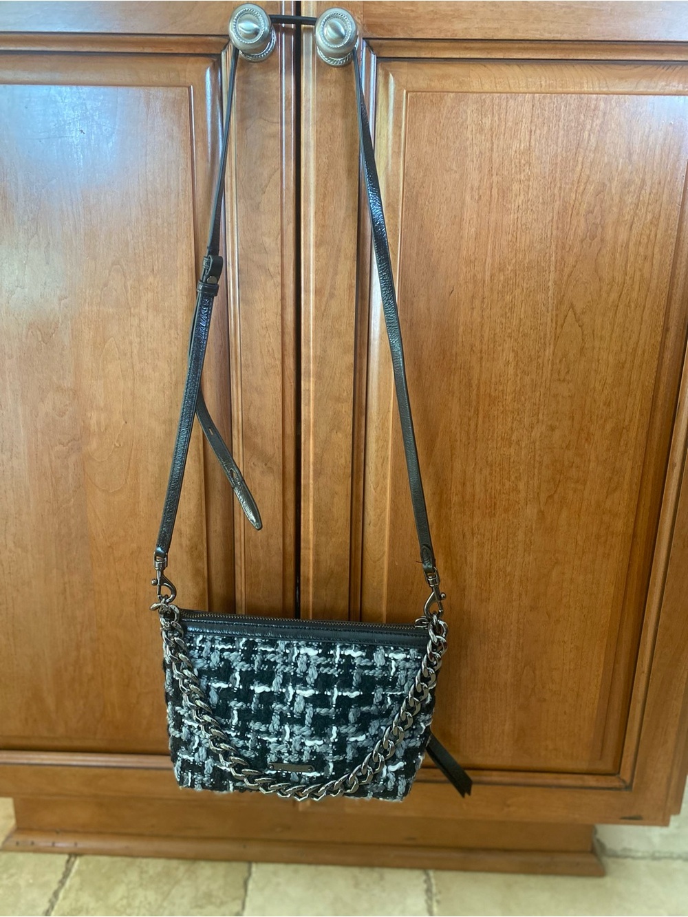 Rebecca Minkoff Black & White Tweed Crossbody with Chain Detail